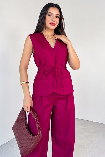 Cappmoda Tkm-13312 Burgundy Lacing Detailed Lined Vest & Palazzo Trousers Linen Double Suit