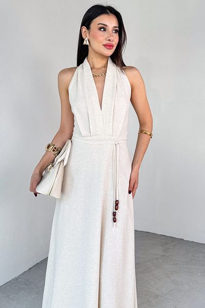 Cappmoda Elb-01787 Ecru Backless Thin Belt Detailed Linen Summer Dress