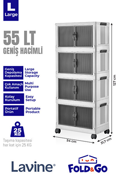 obido Lavine Fold&go 4'lü Portatif Organizer Tekerlekli Dolap Çok Amaçlı Kapaklı Katlanır ”beyaz”