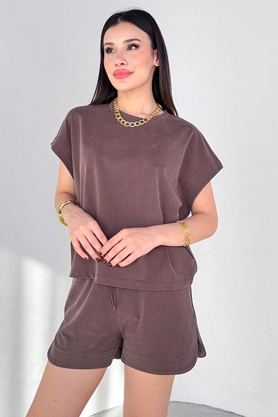 Cappmoda Tkm-13311 Brown Bat Sleeve T-Shirt & Slit Detailed Shorts Modal Fabric Two-Piece Set