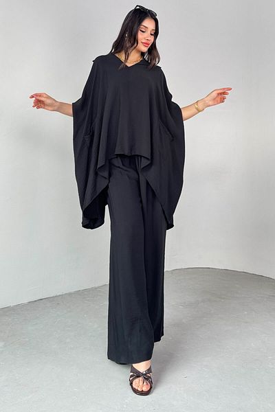 Cappmoda Tkm-13286 Black Shirt Collar Pocket Bat Sleeve Blouse Wide Leg Loose Trousers Double Suit
