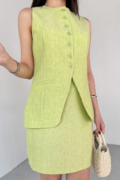 Cappmoda Tkm-13313 Oil Green Modern Fit Buttoned Vest & Zipper Detailed Mini Skirt Linen Double Set
