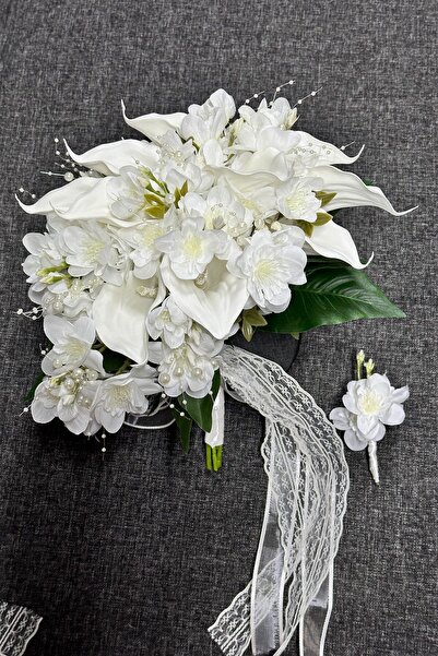 Limelia İncili Gala Yoğun Çiçekli Gelin Buketi Ve Damat Yaka Çiçeği