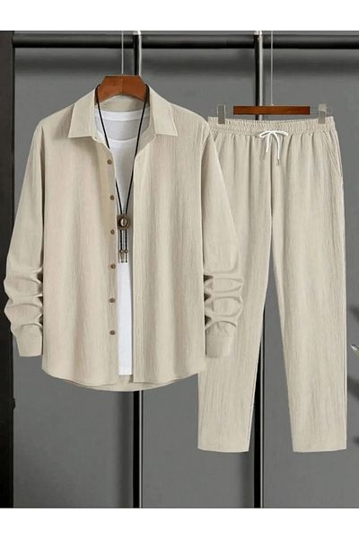 Nyda Collections Men's Crinkle Suit Buttoned Shirt and Lace-Up Trousers Summer Suit Double Pocket Crinkle Fabric