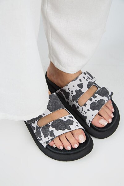 Manijero Nagual Lillo Women's Genuine Leather Double Velcro Black Spotted Slippers