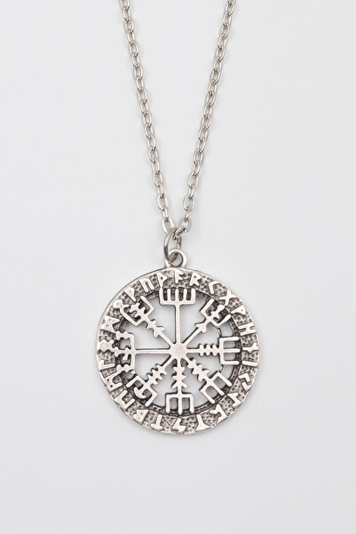 Bu Farklı Viking Pusula Kolye (Vegvisir) - Düz Ezme İthal Zincirli Unisex Güm...