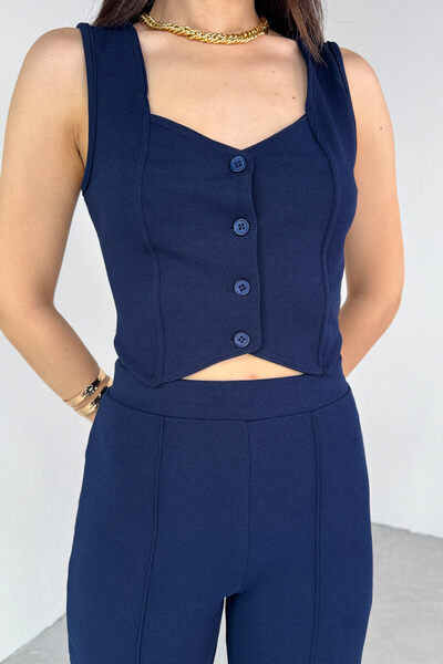 Cappmoda Tkm-13308 Navy Blue Buttoned Collar Detail Vest & Elastic Waist Trousers Set of Two