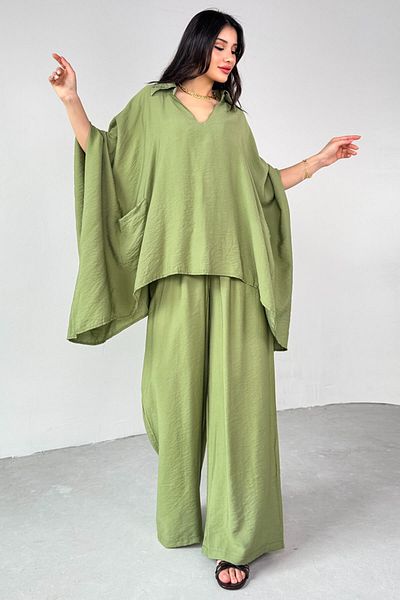 Cappmoda Tkm-13286 Mint Green Shirt Collar Pocket Bat Sleeve Blouse Loose Wide Leg Loose Trousers Two Piece Set