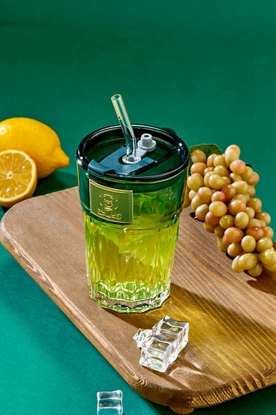 NY HOME Premium Glass Cup - Teddy Bear Logo, Straw, Leakproof Lid / Green Lid - Single