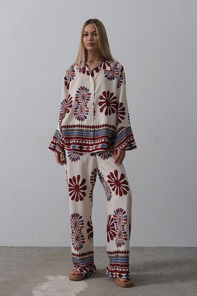 Viyamo Patterned Flared Sleeve Trousers Set - Red
