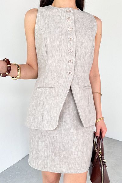 Cappmoda Tkm-13313 Stone Color Modern Fit Buttoned Vest & Zipper Detailed Mini Skirt Linen Double Suit
