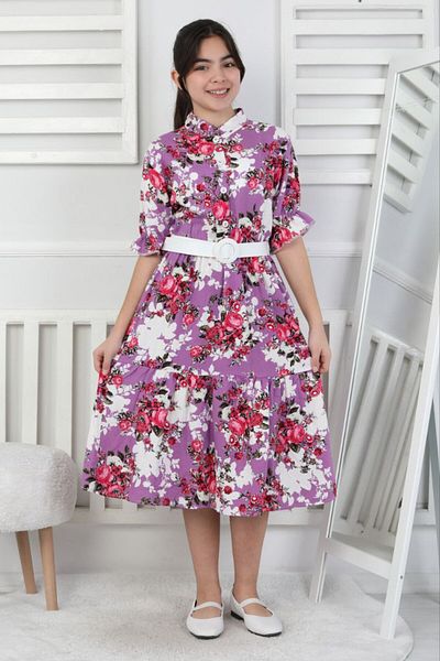 ABİYEKİDS Rochie de fetiță de sărbători din țesătură țesătă evazată cu model cu centură cu nasturi ABY208