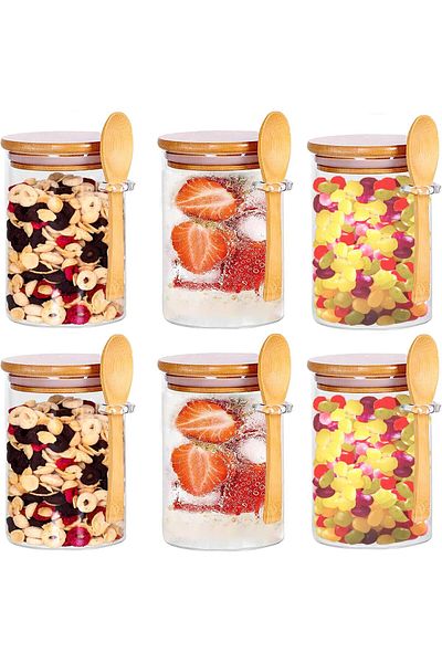Generic MAMATOONS 6-Pack 450ml(15oz) Glass Jars With Airtight Bamboo Lids and Spoon, Overnight Oats Jars Sug