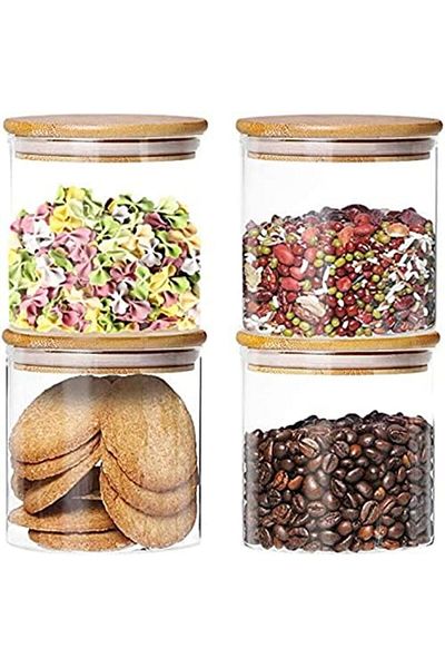 Generic عبوة من 4 برطمانات تخزين زجاجية بأغطية من الخيزران محكمة الغلق سعة 650 مل، علبة زجاجية شفافة لتخزين الطعام بكميات كبيرة