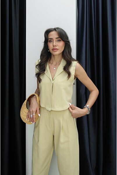 Havoş Ανοιχτό κίτρινο Agata γιλέκο παντελόνι λινό σετ