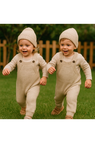 Nimini Kids Cep Detaylı Ayarlanabilir Askılı Selanik Örgü Şapkalı Triko Tulum...