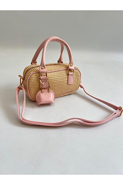Mia Collection حقيبة يد وكتف نسائية من القش الحقيقي موديل ليون باللون الوردي