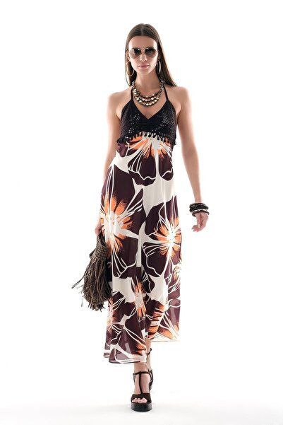 EXPLOSION Desenli Vual Örgü Büstiyerli Midi Boy Elbise