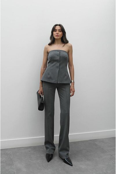 Havoş Anthracite Coated Button Strapless Trousers Suit
