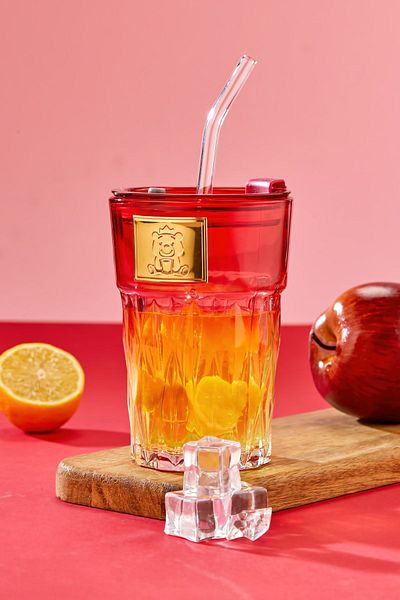NY HOME Premium Glass Cup – Stripe Detail, Straw, Leak Proof Lid / Red Lid