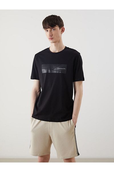 LC Waikiki XSIDE Μαύρο Crew λαιμόκοψη κοντομάνικο εμπριμέ χτενισμένο βαμβακερό ανδρικό μπλουζάκι S5EH08Z8NVY25