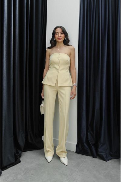 Havoş Light Yellow Coated Button Strapless Trousers Suit