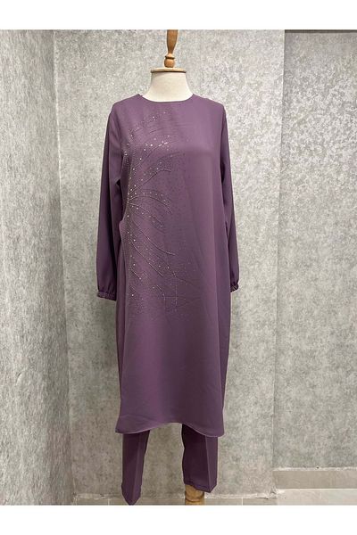 QETEN 25Y2332 Suit Tunic Trousers with Stones on the Front Long Lilac