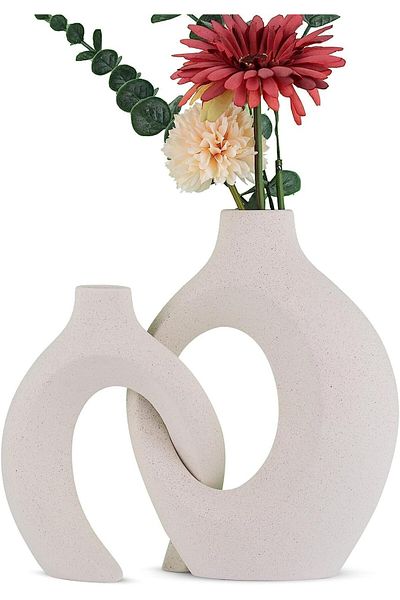Generic White Ceramic Vases - Set of 2, Round Hollow Unique Modern Flower Vase for Home Decor, Boho Vase Sty