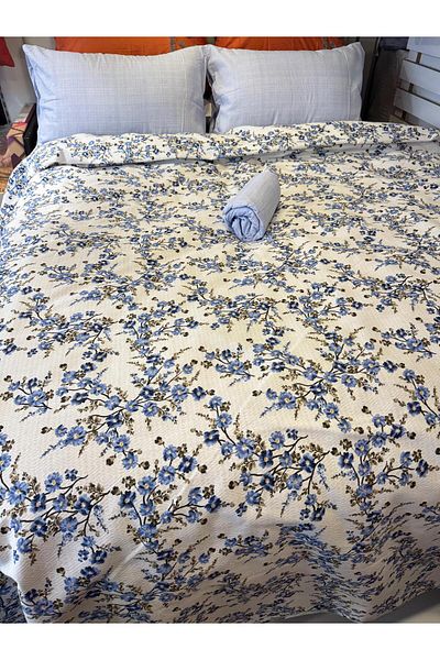 ŞENER HOME Plum Branch Patterned Sheet Elastic Double Pique Set
