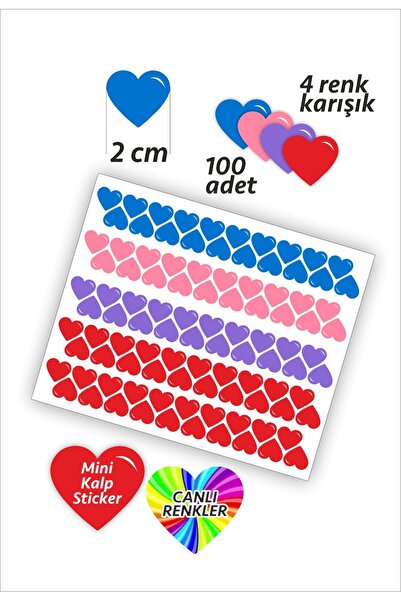 İstisna 100 Adet 2 Cm Kalpli Rengarenk 4 Renk Mavi Pembe Mor Kırmızı Kalp Tem...