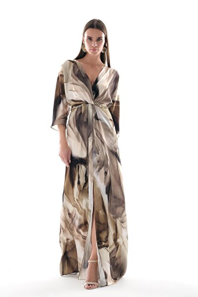 EXPLOSION Saten Desenli Zincir Kemerli Elbise