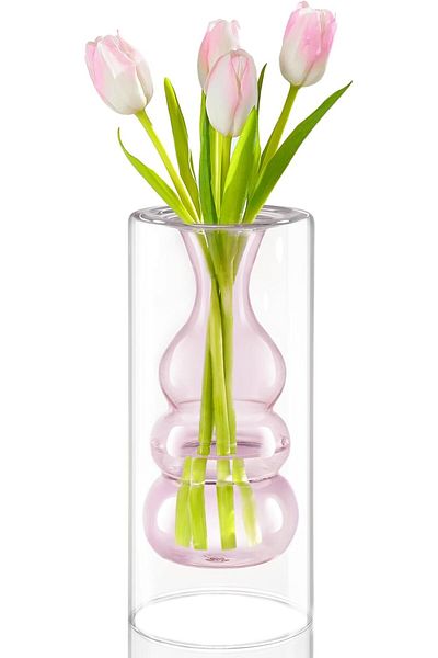 Generic ZENS Modern Pink Glass Vase, Hand Blown Hollowed Out Bubble Decorative Glass Flower Vases for Weddin