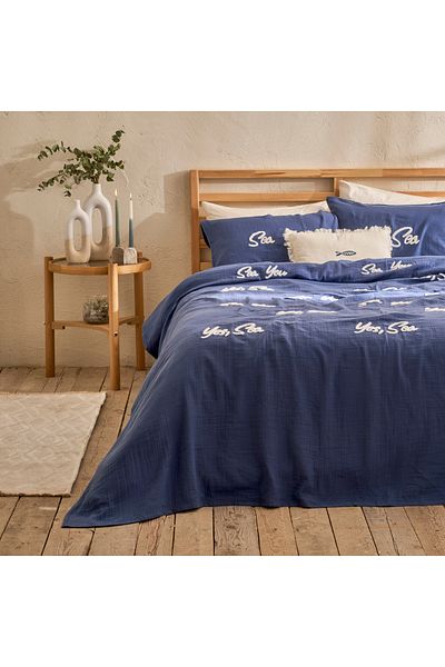 Bella Maison 100% Cotton Marine Punch Embroidered Double Bedspread Set Navy Blue (240X260 cm)