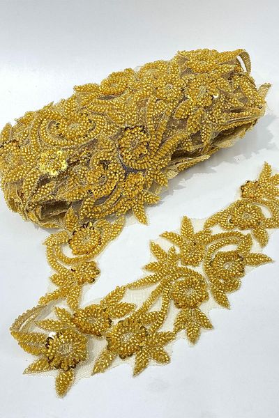 Limelia Gold Bead Embroidered Flower Pattern Wide Ribbon Applique 1 Meter