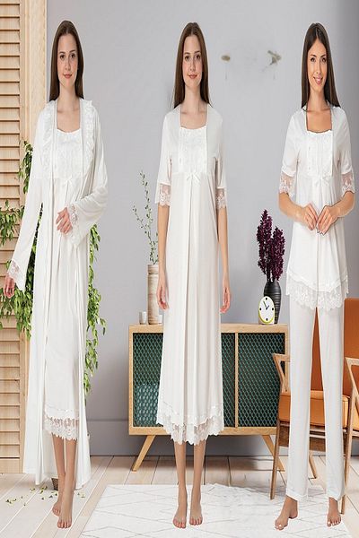 Puerpera Effortt Lace Detailed Maternity Nightgown, Dressing Gown and Pajamas Set 6036