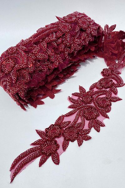 Limelia Burgundy Bead Embroidered Flower Pattern Wide Ribbon Applique 1 Meter