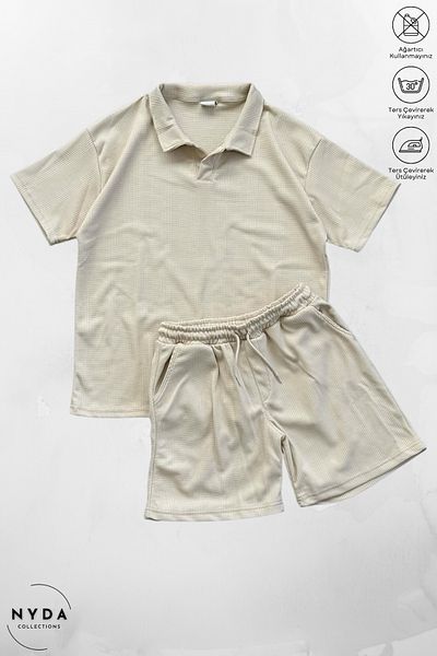Nyda Collections Cotton Honeycomb Fabric Pattern Men Women Unisex Polo Neck T-Shirt and Shorts Set Set of 2