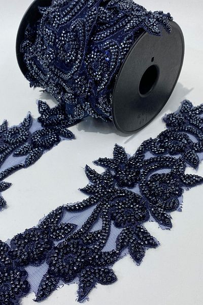 Limelia Navy Blue Bead Embroidered Flower Pattern Wide Ribbon Applique 1 Meter