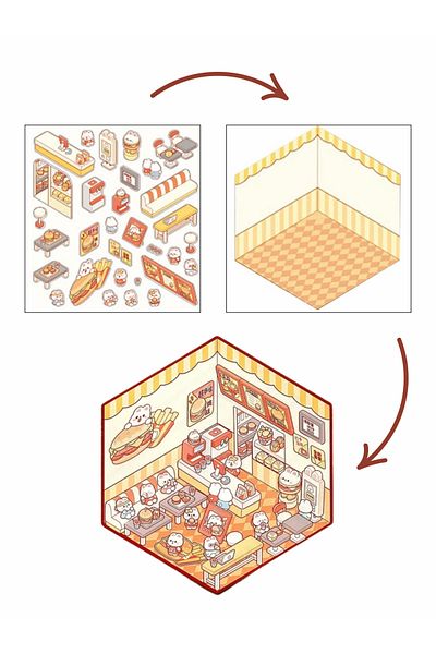 Mielibon Burger Shop 3D Sticker Set |   DIY Isometric Scene Sticker