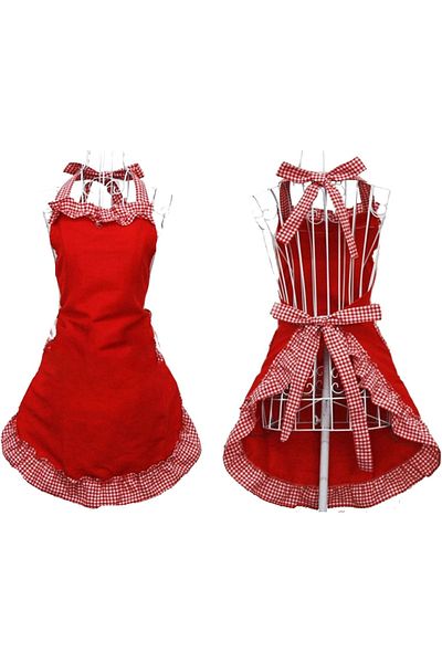 Zeren Home Red Gingham Ruffle Detailed Liquid Proof Cotton Linen Kitchen Apron