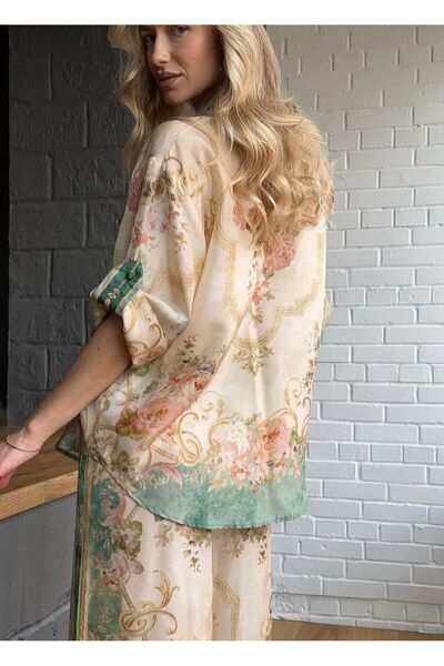 WellWay Vászonszövet ing és nadrág 2 részes szett-zöld virágos-2739