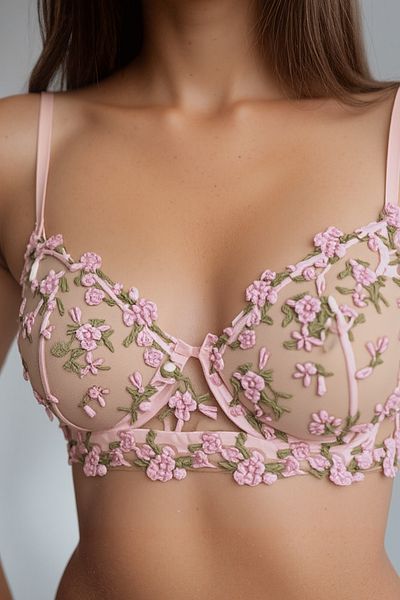 Soweto Set sutien brodat din dantelă florală roz Brode - cu sârmă, fără cupă, transparent