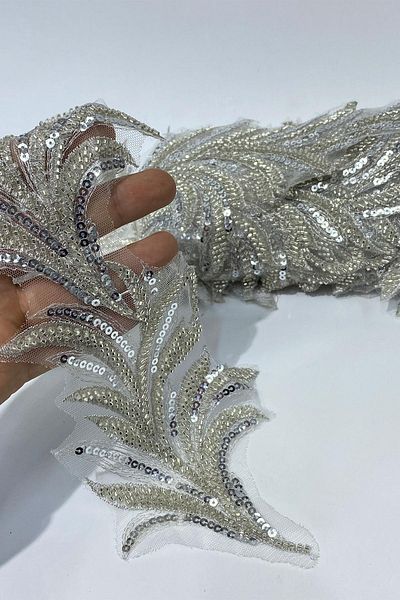 Limelia Silver Bead Embroidered Leaf Pattern Wide Ribbon Applique 1 Meter
