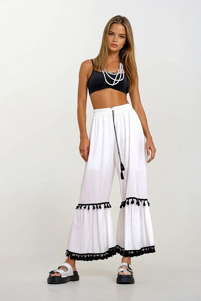 VAGGON Women's White Elastic Waist Tassel Detailed Wide Leg Woven Viscose Trousers Prmx12014