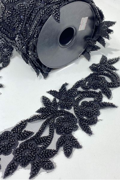 Limelia Black Bead Embroidered Flower Pattern Wide Ribbon Applique 1 Meter