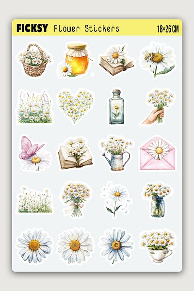 Ficksy Daisy Sticker Set - 20 Pieces of Flower Sticker Stickers