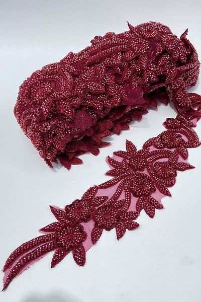 Limelia Burgundy Bead Embroidered Flower Pattern Wide Ribbon Applique 1 Meter