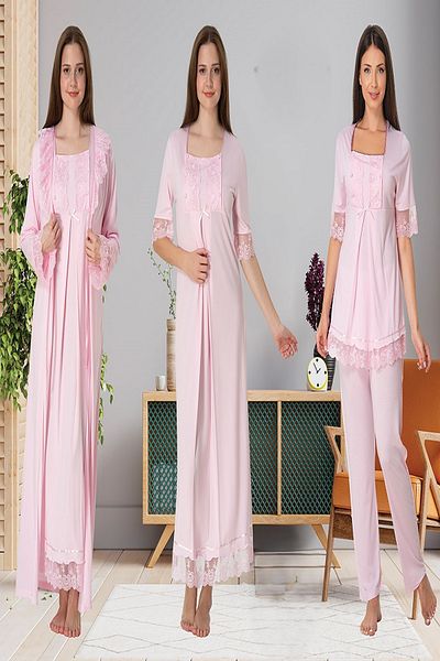 Puerpera Effortt Lace Detailed Maternity Nightgown, Dressing Gown and Pajamas Set 6036