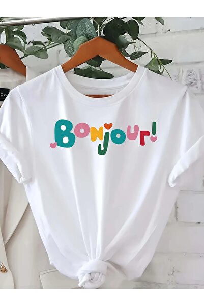 PALPİTO Tricou oversize cu imprimeu Bonjour de culoare albă pentru femei