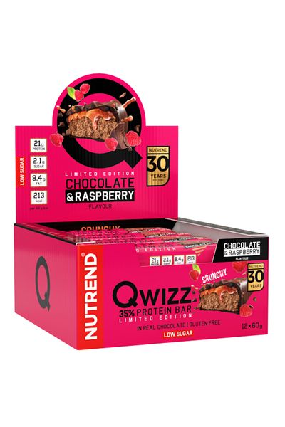 Nutrend 12 batoane proteice x 60g, baton proteic Qwizz, Nutrend, aromă de ciocolată și zmeură